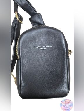 Nica Black Pebble Leather Sling Bag with Gold Hardware